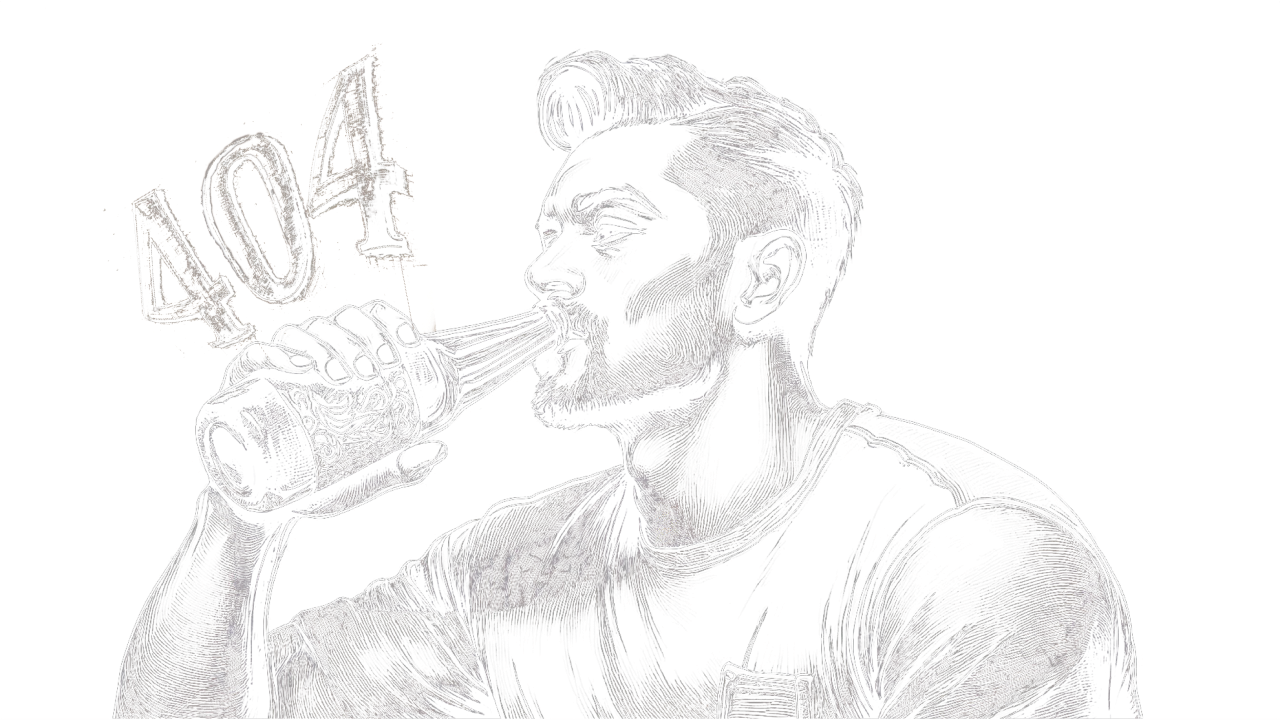 Ein Mann trinkt aus einer stilisierten Flasche, über der Flasche stehen die Zahlen 404.