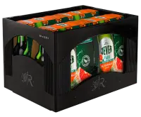 Ein grüner Bierkasten mit elf Flaschen und einem freien Platz ist abgebildet.