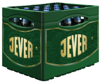 Ein grüner Getränkekasten mit 20 - 0,5 Liter  Flaschen Jever Fun 0,0. Die Flaschen haben blaue Deckel.