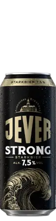 Eine betaute schwarze Dose Jever Stong mit großem, goldenem und weißem Schriftzug.