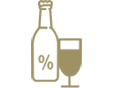 Illustrierte Bierflasche mit Prozentzeichen und Glas daneben als Symbol für Alkohol.