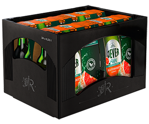 Getränkekasten der Marke Jever mit vier Sixpacks der Sorte Fun Blutorange alkoholfrei. Sechs Bierflaschen sind jeweils ein Sixpack.