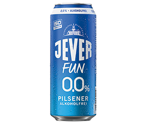 0,5 Liter Dose mit großem Jever Schriftzug. Darunter der Sortenname Fun 0,0 % Pilsener alkoholfrei.