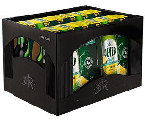 Getränkekasten der Marke Jever mit vier Sixpacks der Sorte Fun Zitrone alkoholfrei. Sechs Bierflaschen sind jeweils ein Sixpack.