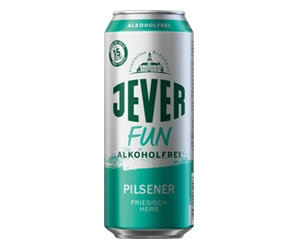 0,5 Liter Bierdose mit großem Jever Schriftzug in der Mitte. Darunter der Sortenname Fun alkoholfrei.