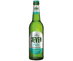 0,5 Liter Bierflasche mit großem Jever Schriftzug. Darunter der Sortenname Fun alkoholfrei.