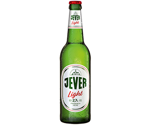 0,5 Liter Bierflasche mit großem Jever Schriftzug. Darunter der Sortenname Light.