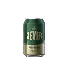 0,33 Liter Bierdose mit großem Jever Schriftzug in der Mitte. Darunter der Sortenname Pilsener.