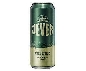 0,5 Liter Bierdose mit großem Jever Schriftzug in der Mitte. Darunter der Sortenname Pilsener.