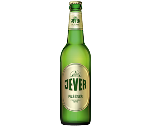 0,5 Liter Bierflasche mit großem Jever Schriftzug. Darunter der Sortenname Pilsener.