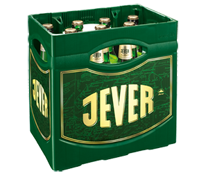 Getränkekasten der Marke Jever mit elf Flaschen der Sorte Pilsener.