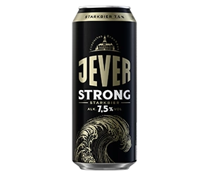 0,5 Liter Bierdose mit großem Jever Schriftzug in der Mitte. Darunter der Sortenname Strong.