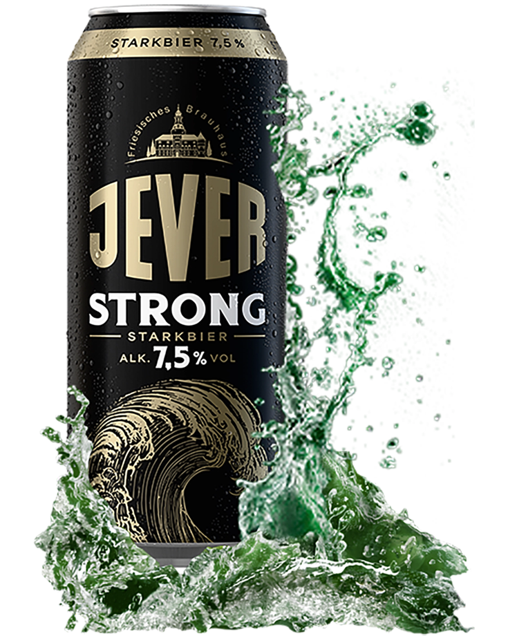 Eine schwarze Dose Jever Stong und spritzendes Wasser stehen im Mittelpunkt.