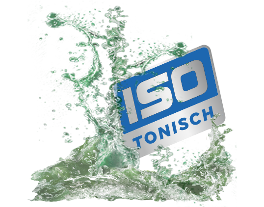 Ein Hinweisschild - isotonisch in den Farben blau und silber. Umgeben von einem Wasser-Splash.