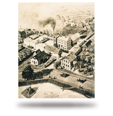 Historische Zeichnung einer kleinen Stadt mit mehreren Gebäuden und Straßen.