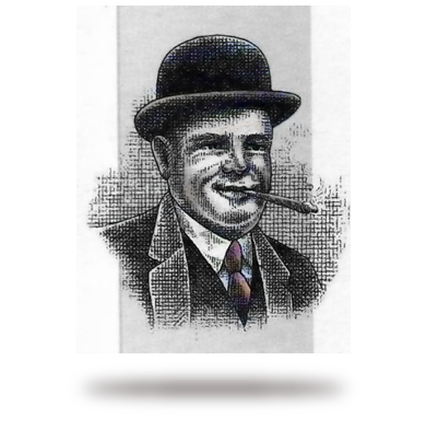 Ein lächelnder Mann trägt einen Hut und raucht eine Zigarre. Er hat einen Anzug an.