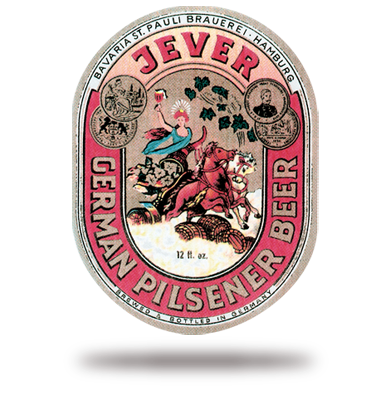 Ein rundes, farbiges Etikett zeigt eine Person auf einem springenden Pferd.