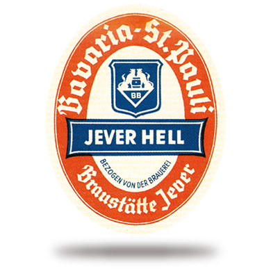 Ein ovales Bierdeckel-Design in Rot, Weiß und Blau mit einem Wappen und Text.