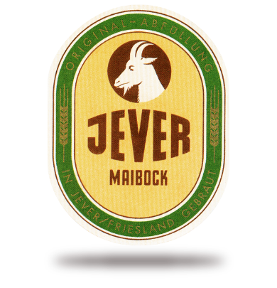 Rundes Etikett mit einem Ziegenkopf in der Mitte und gelb-grüner Umrandung.