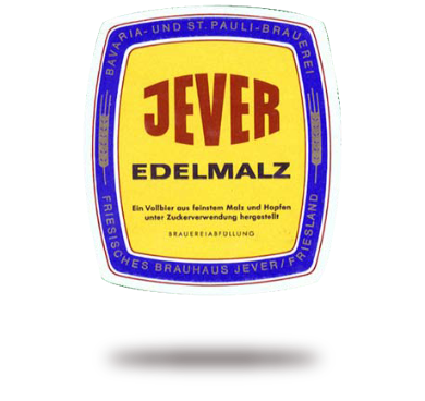 Gelbes Bieretikett mit blauer und roter Schrift und schwarzem Rand auf weißem Hintergrund.