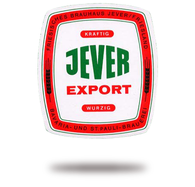 Ein weißes Bieretikett mit rotem und grünem Rand, Text in Schwarz und Rot.