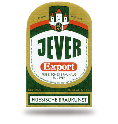 Etikett einer Flasche mit grünem Hintergrund und einem Schloss oben, Text bezieht sich auf Bier.