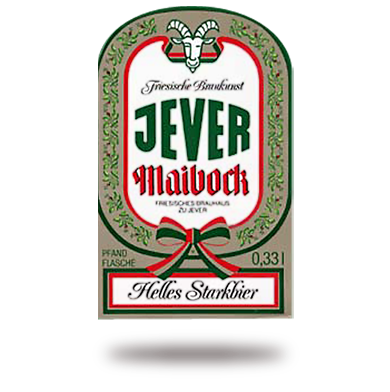 Etikett einer Bierflasche mit grünen Ornamenten und einem Ziegenkopf-Logo, darunter Text und Volumenangabe.