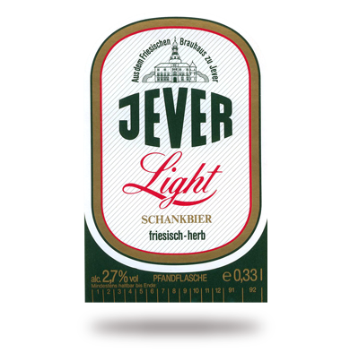 Etikett eines hellgrünen Bieres mit weiß-roten Streifen und einer Schlossillustration.