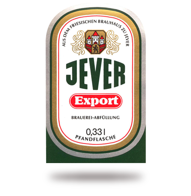 Etikett auf einer grünen Bierflasche mit roten und weißen Akzenten, Text mit Volumenangabe.