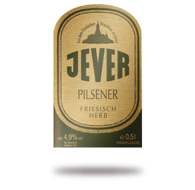 Ovales goldenes Etikett auf einer Bierflasche mit Text und einer Abbildung eines Gebäudes oben.