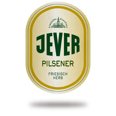 Bierflaschenetikett in Grün-Weiß mit Schrift und Wappen zeichnet sich durch seine ovale Form aus.