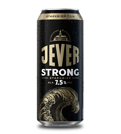 Schwarze betaute Bierdose mit großem, goldenem und weißem Schriftzug.