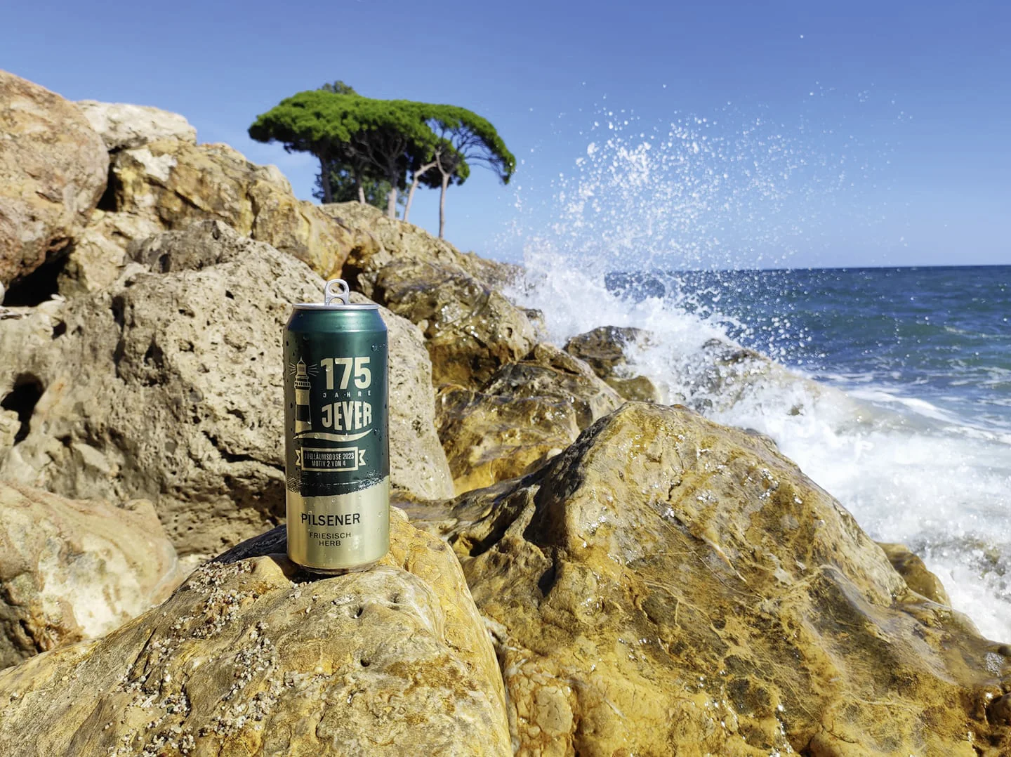 Eine Getränkedose steht auf felsigem Küstenabschnitt mit aufspritzendem Meerwasser.