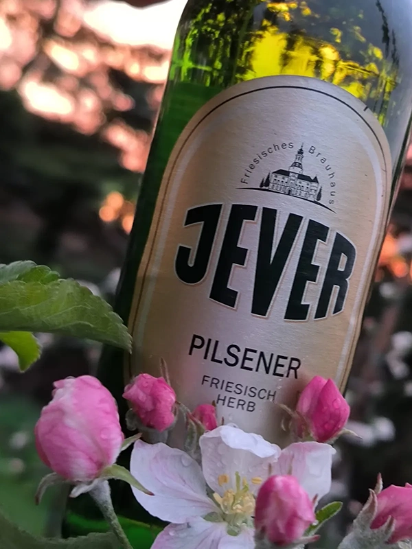 Eine Flasche Bier steht umgeben von Blüten im Vordergrund, im Hintergrund ist ein Sonnenuntergang.