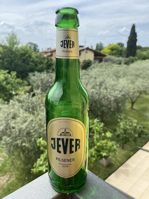 Eine grüne Bierflasche steht auf einem Fenstersims vor einer ländlichen Szenerie.