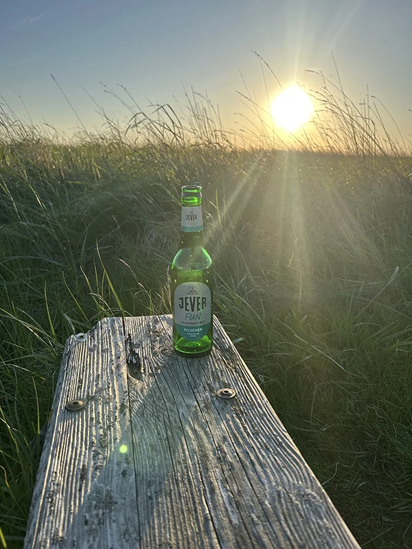 Eine Jever Fun Flasche steht auf einer verwitterten Holzbank. Im Hintergrund hohes Gras und tiefstehende Sonne.