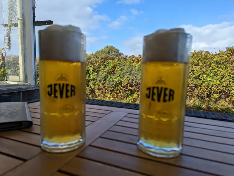 Zwei Jever Gläser mit Bier und Schaumkrone auf einem Holztisch. Im Hintergrund Hecke und blauer Himmel mit Wolken.