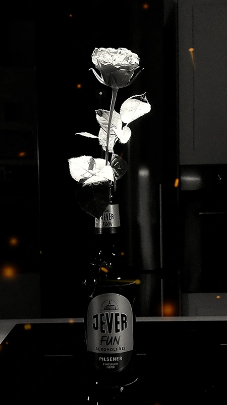 Eine Rose mit Blättern steckt in einer Jever Fun Flasche. Der Hintergrund ist dunkel mit vereinzelten Lichtreflexen.