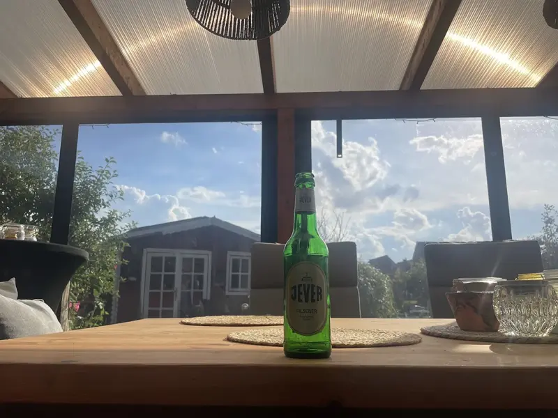 Jever Flasche auf einem Holztisch unter einem transparenten Terrassendach. Im Hintergrund Gartenhaus und Bäume.