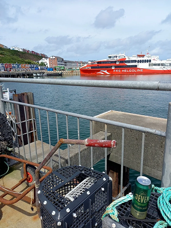 Ein roter Katamaran mit der Aufschrift FRS Helgoline liegt im Hafenbecken. Im Hintergrund bunte Häuser am Hang.