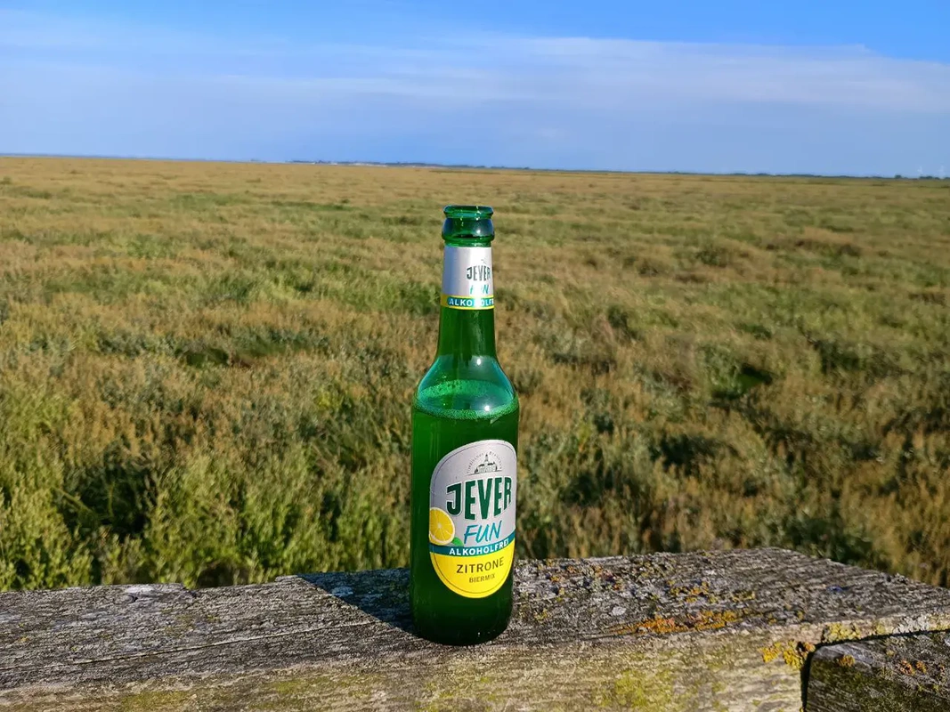 Grüne Bierflasche mit Jever Etikett steht auf einem hölzernen Geländer. Im Hintergrund ist eine weite Wiesenlandschaft unter blauem Himmel zu sehen.