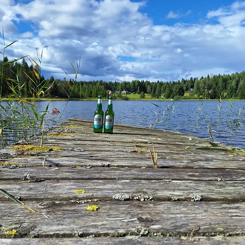 Zwei grüne Bierflaschen mit Jever Etikett stehen auf einem hölzernen Steg. Im Hintergrund sind ein See, Schilf und bewaldete Uferbereiche zu sehen.
