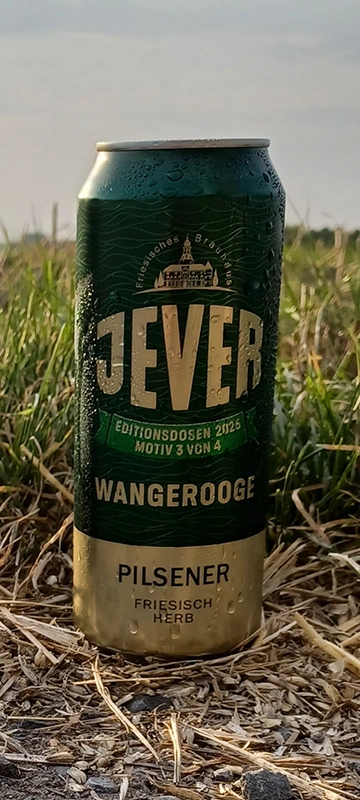 Eine grüne Bierdose mit der Aufschrift Jever Pilsener steht im Gras. Im Hintergrund ist ein wolkiger Himmel.