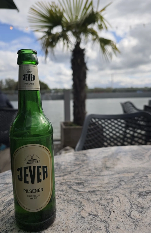 Eine grüne Jever Flasche steht auf einem Steintisch. Im Hintergrund eine Palme und Wasser.