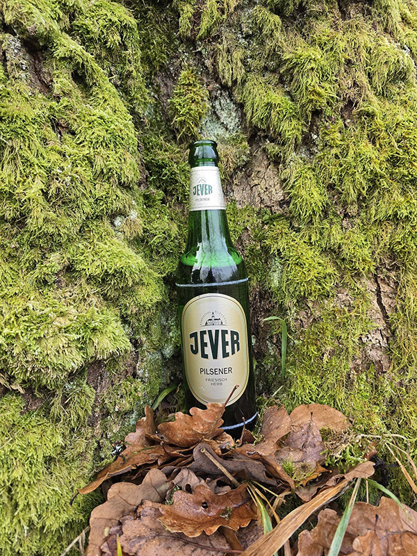 Eine Jever-Bierflasche lehnt an einem mit Moos bewachsenen Baumstamm. Vor der Flasche liegen mehrere braune Blätter.