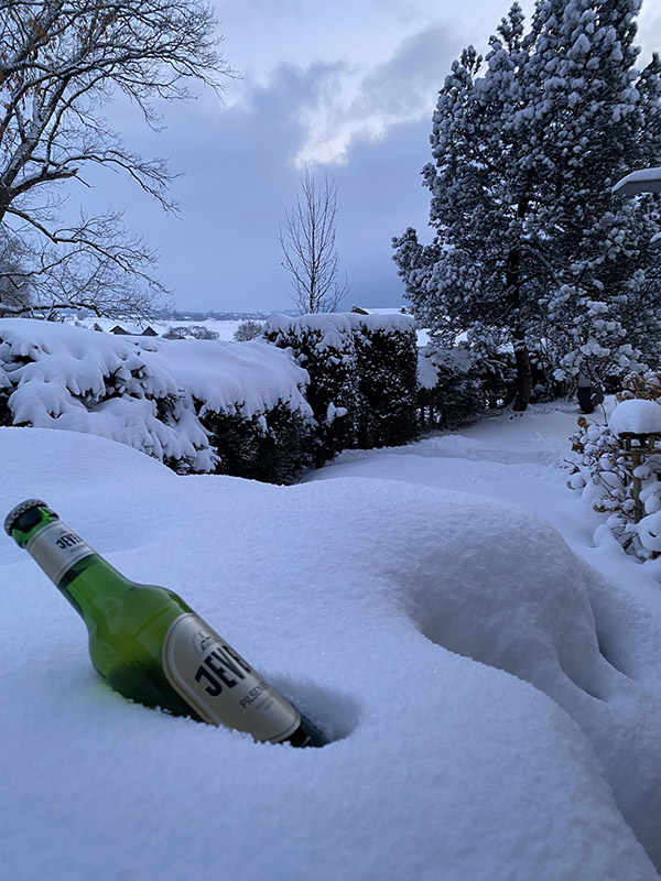 Eine Jever-Bierflasche liegt im Schnee. Im Hintergrund ist eine verschneite Landschaft.