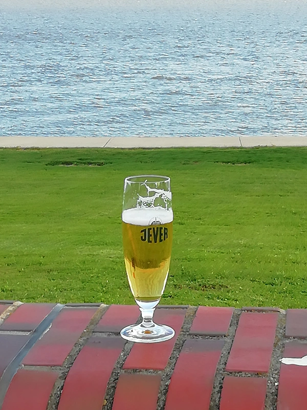 Bierglas mit Jever Schriftzug steht auf einer Backsteinmauer mit Blick auf eine grüne Wiese und ein Gewässer im Hintergrund.