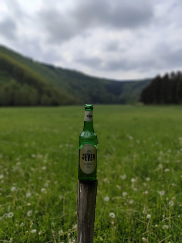Jever Flasche steht auf einem Holzpfosten in einer grünen Wiese mit bewölktem Himmel und bewaldeten Hügeln im Hintergrund.