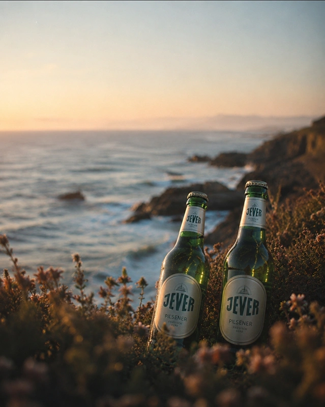 Sonnenuntergang am Meer mit zwei Jever Pilsener Flaschen im Vordergrund, umgeben von blühenden Pflanzen und felsiger Küste.
