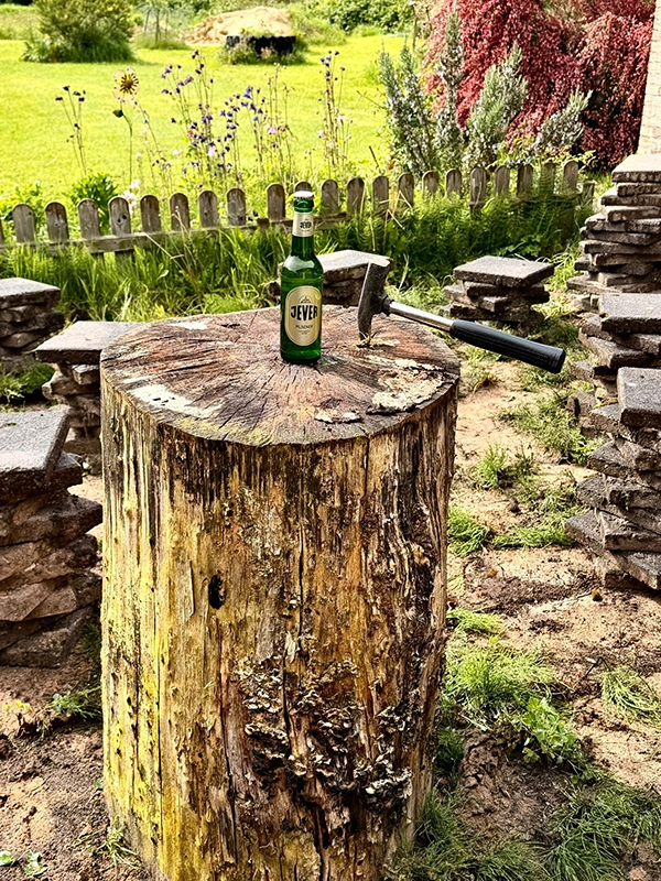Ein Baumstumpf im Garten mit einer Jever-Bierflasche und einem Hammer darauf. Im Hintergrund Holzzaun und blühende Pflanzen.